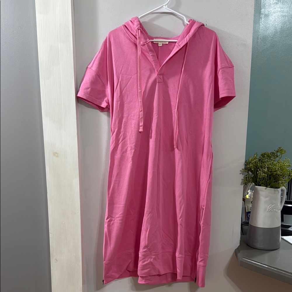 Pink Hooded Midi Dress - Casual Pull-On Style